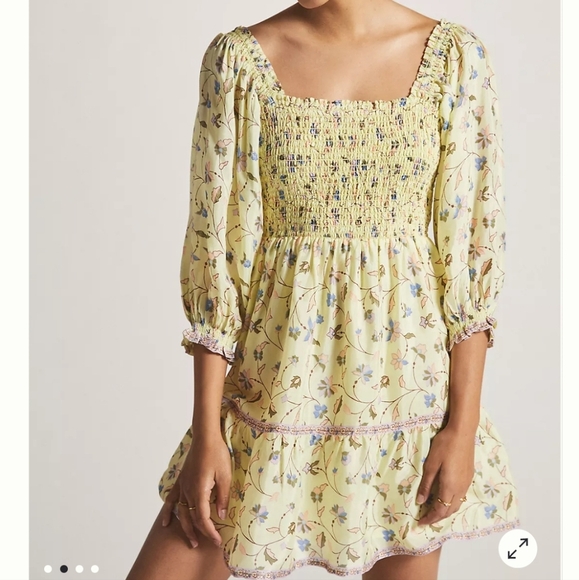 Omika Square Neck Mini Dress floral yellow bow back puffer sleeve size large - Picture 1 of 12